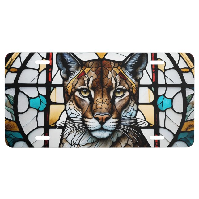 PUMA MOUNTAIN LION NATURE WILD STAINED GLASS LICENSE PLATE (Front)