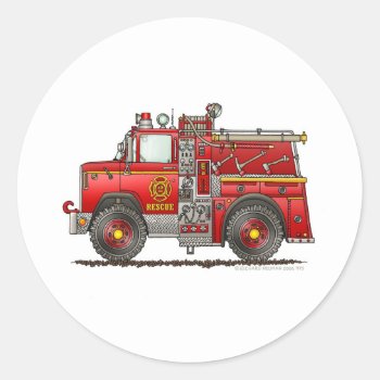 Pumper Rescue Fire Truck Firefighter Classic Round Sticker by art1st at Zazzle
