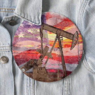 Pumpjack silhouette pastel drawing American Flag Button