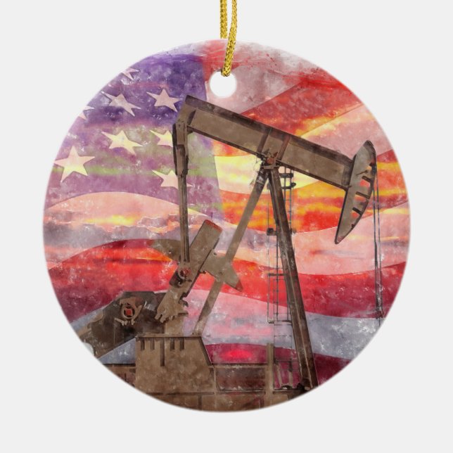 Pumpjack silhouette pastel drawing American Flag Ceramic Ornament (Front)