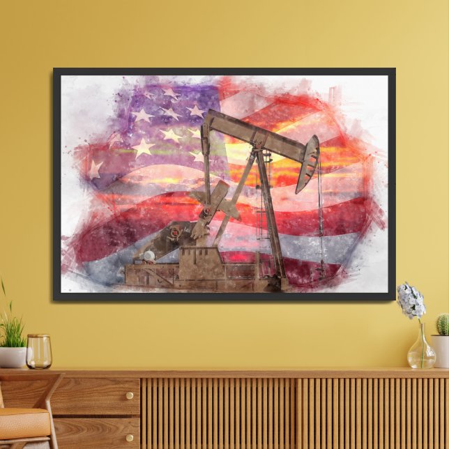 Pumpjack silhouette pastel drawing American Flag Framed Art (Living Room)