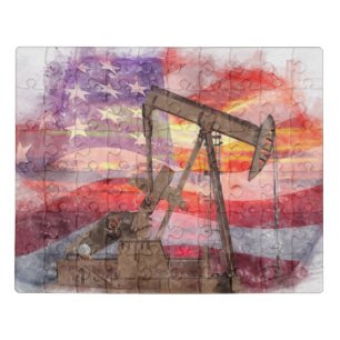 Pumpjack silhouette pastel drawing American Flag Jigsaw Puzzle