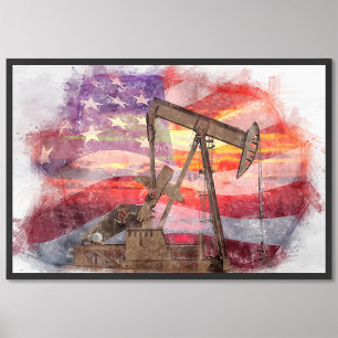 Pumpjack silhouette pastel drawing American Flag Photo Print