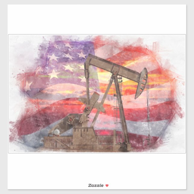 Pumpjack silhouette pastel drawing American Flag Sticker (Sheet)