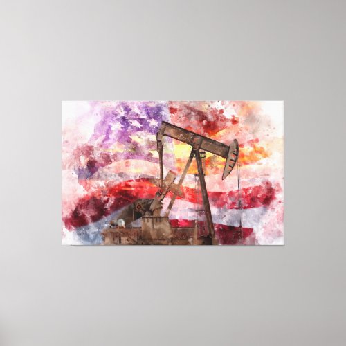 Pumpjack silhouette watercolor with American Flag Canvas Print