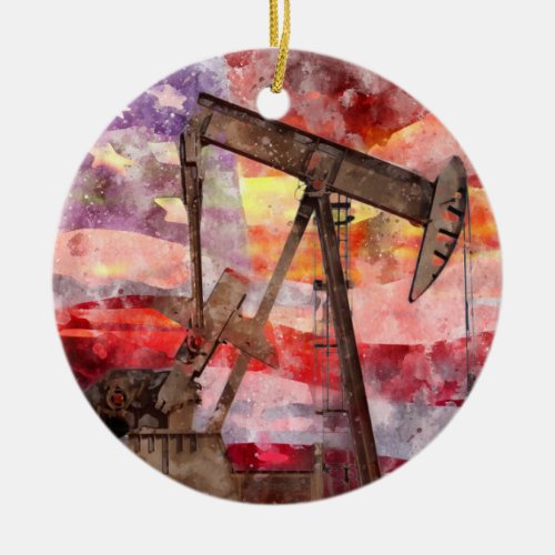 Pumpjack silhouette watercolor with American Flag Ceramic Ornament