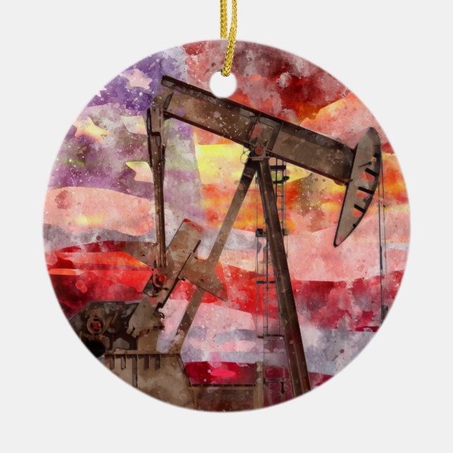 Pumpjack silhouette watercolor with American Flag Ceramic Ornament (Front)