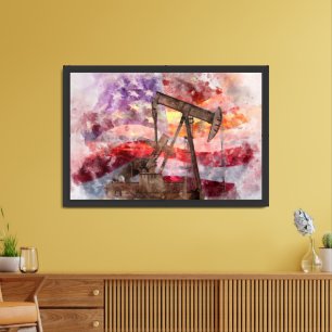 Pumpjack silhouette watercolor with American Flag Framed Art