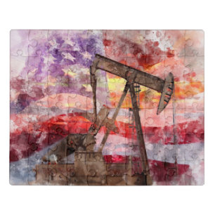 Pumpjack silhouette watercolor with American Flag Jigsaw Puzzle