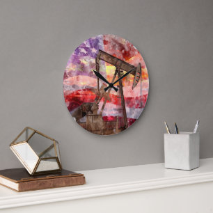 Pumpjack silhouette watercolor with American Flag Large Clock