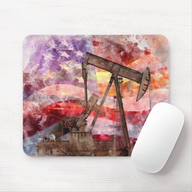 Pumpjack silhouette watercolor with American Flag Mouse Pad (With Mouse)