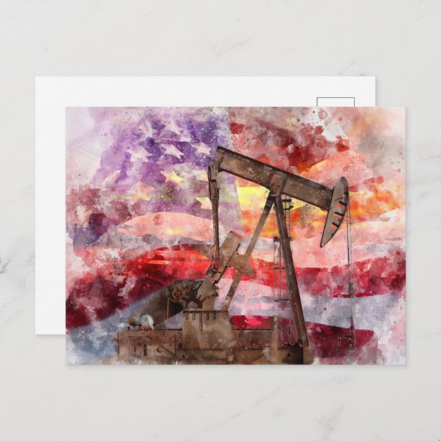 Pumpjack silhouette watercolor with American Flag Postcard (Front/Back)