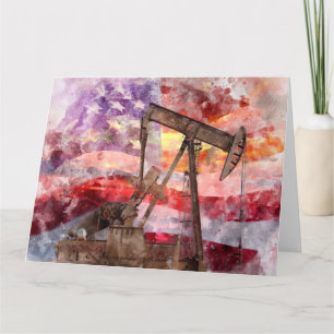 Pumpjack silhouette watercolor with American Flag Thank You Card