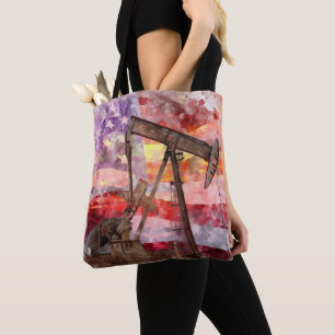 Pumpjack silhouette watercolor with American Flag Tote Bag
