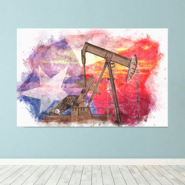 Pumpjack Texan icon pastel drawing with Texas Flag Canvas Print (Insitu(Wood Floor))