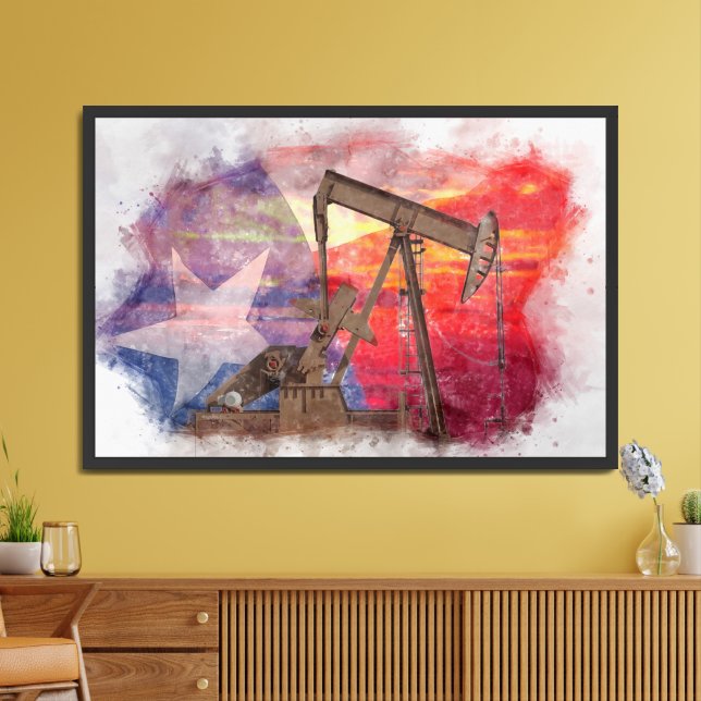 Pumpjack Texan icon pastel drawing with Texas Flag Framed Art (Living Room)