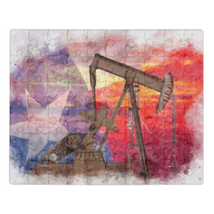 Pumpjack Texan icon pastel drawing with Texas Flag Jigsaw Puzzle