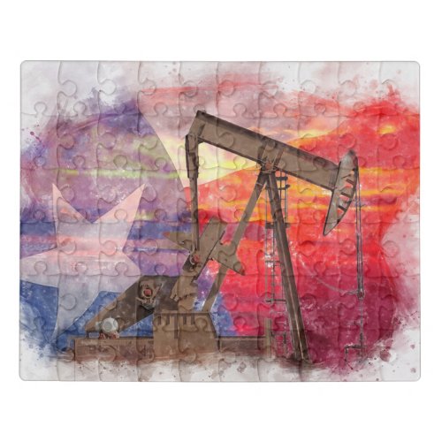 Pumpjack Texan icon pastel drawing with Texas Flag Jigsaw Puzzle