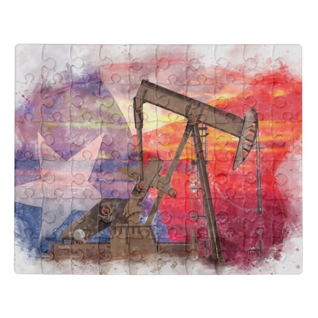 Pumpjack Texan icon pastel drawing with Texas Flag Jigsaw Puzzle (Puzzle Horizontal)