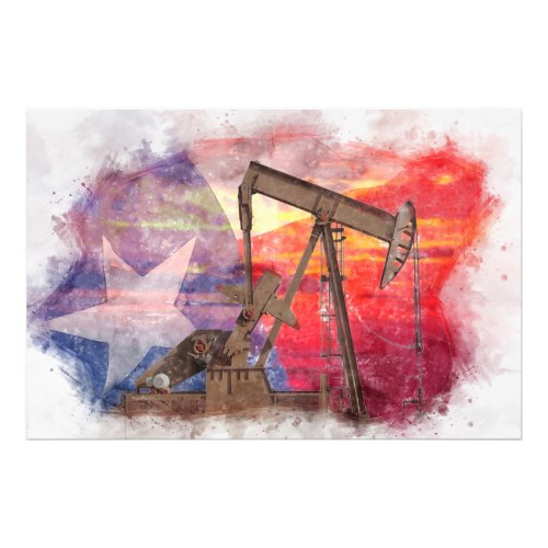 Pumpjack Texan icon pastel drawing with Texas Flag Photo Print