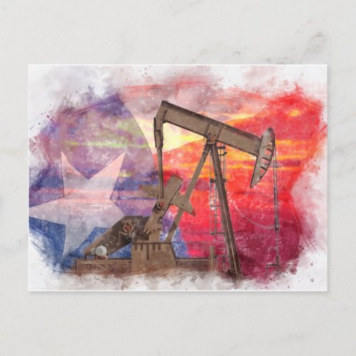 Pumpjack Texan icon pastel drawing with Texas Flag Postcard
