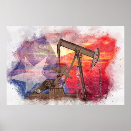 Pumpjack Texan icon pastel drawing with Texas Flag Poster