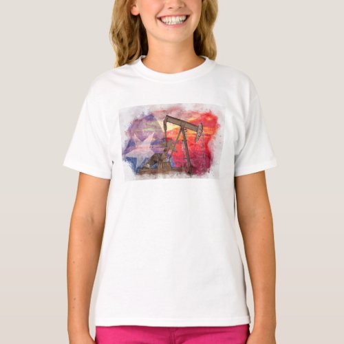 Pumpjack Texan icon pastel drawing with Texas Flag T_Shirt
