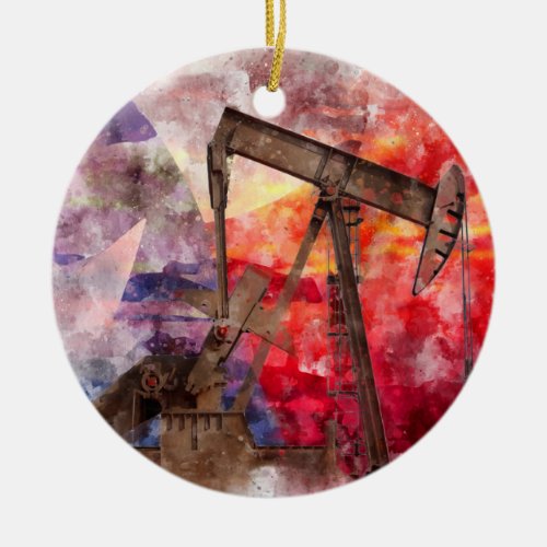 Pumpjack Texan icon watercolor with Texas Flag Ceramic Ornament