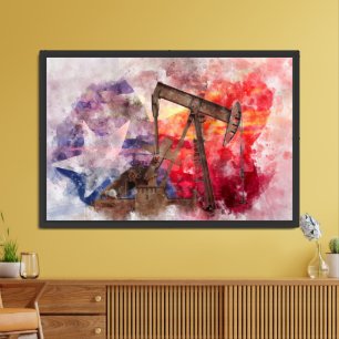 Pumpjack Texan icon watercolor with Texas Flag Framed Art