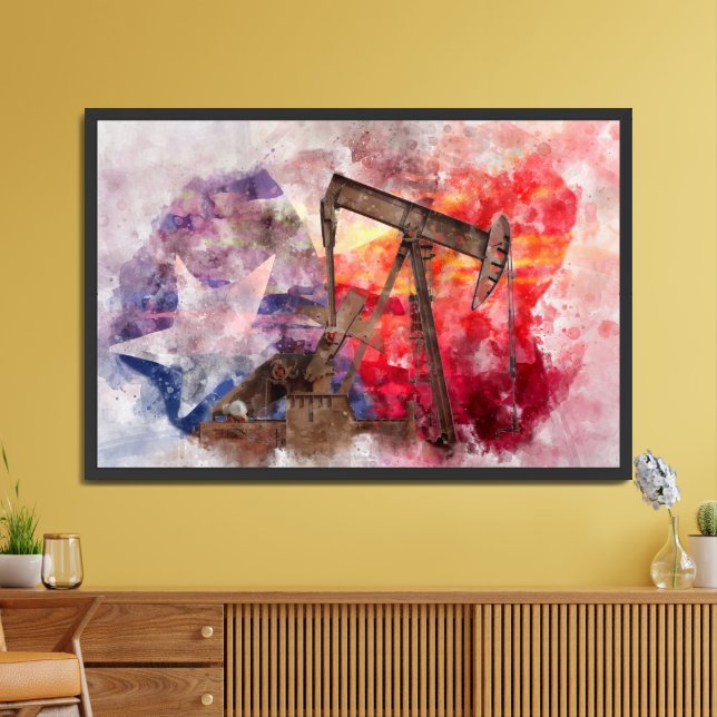 Pumpjack Texan icon watercolor with Texas Flag Framed Art (Living Room)