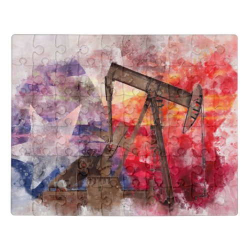 Pumpjack Texan icon watercolor with Texas Flag Jigsaw Puzzle
