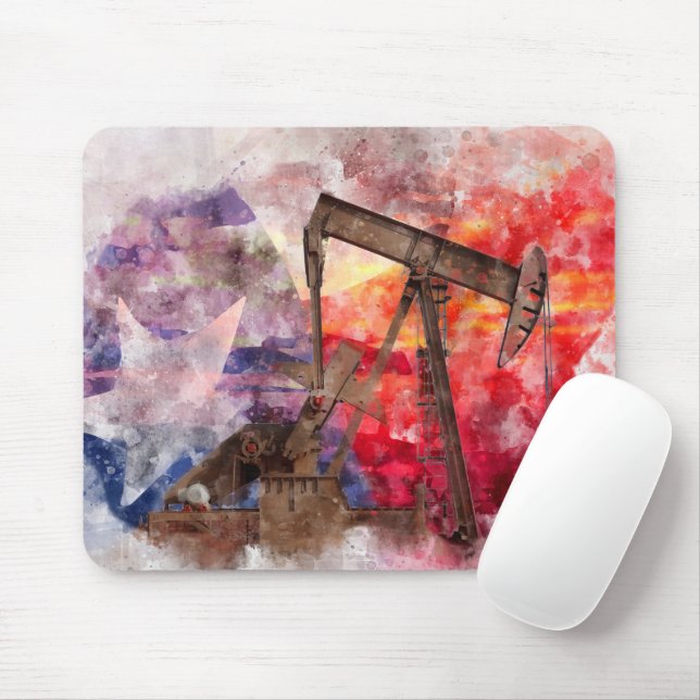 Pumpjack Texan icon watercolor with Texas Flag Mouse Pad (With Mouse)