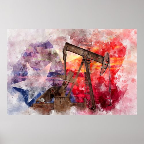 Pumpjack Texan icon watercolor with Texas Flag Poster