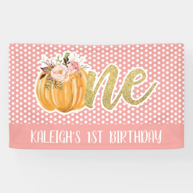 Pumpkin 1st Birthday Banner - Girl Pink Dots (Horizontal)