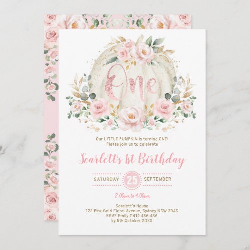 Pumpkin 1st Birthday Blush Pink floral Rose Gold Invitation