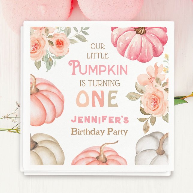 Pumpkin 1st Birthday Bold Pink Girl Floral Paper Napkins (Creator Uploaded)