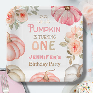 Pumpkin 1st Birthday Bold Pink Girl Floral  Paper Plates