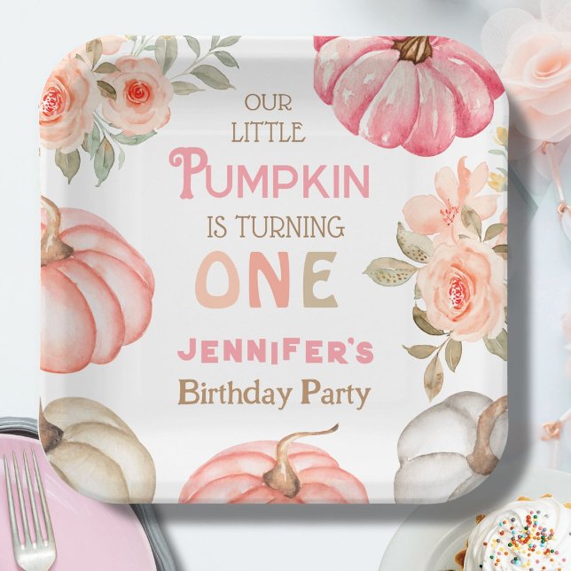 Pumpkin 1st Birthday Bold Pink Girl Floral  Paper Plates (Creator Uploaded)