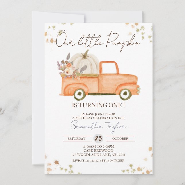 Pumpkin 1st Birthday, Fall Birthday, Orange Truck Invitation (Front)