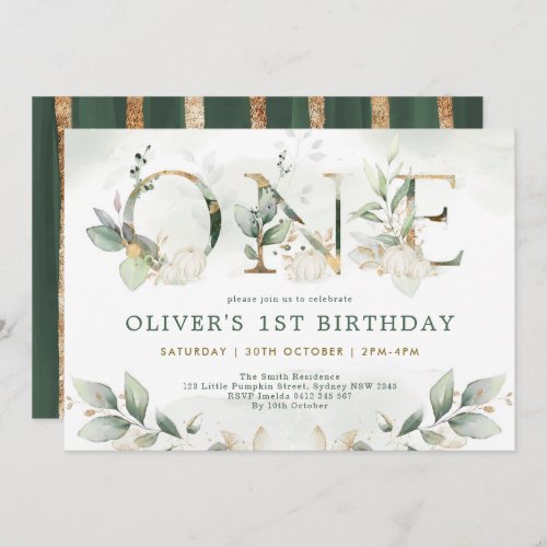 Pumpkin 1st Birthday Fall Greenery Gold Party Invitation