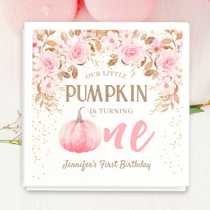 Pumpkin 1st Birthday Girl Pink Golld Fall Floral F Napkins