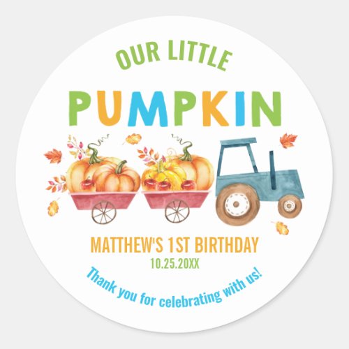 Pumpkin 1st Birthday Harvest Truck Favor Thank You Classic Round Sticker