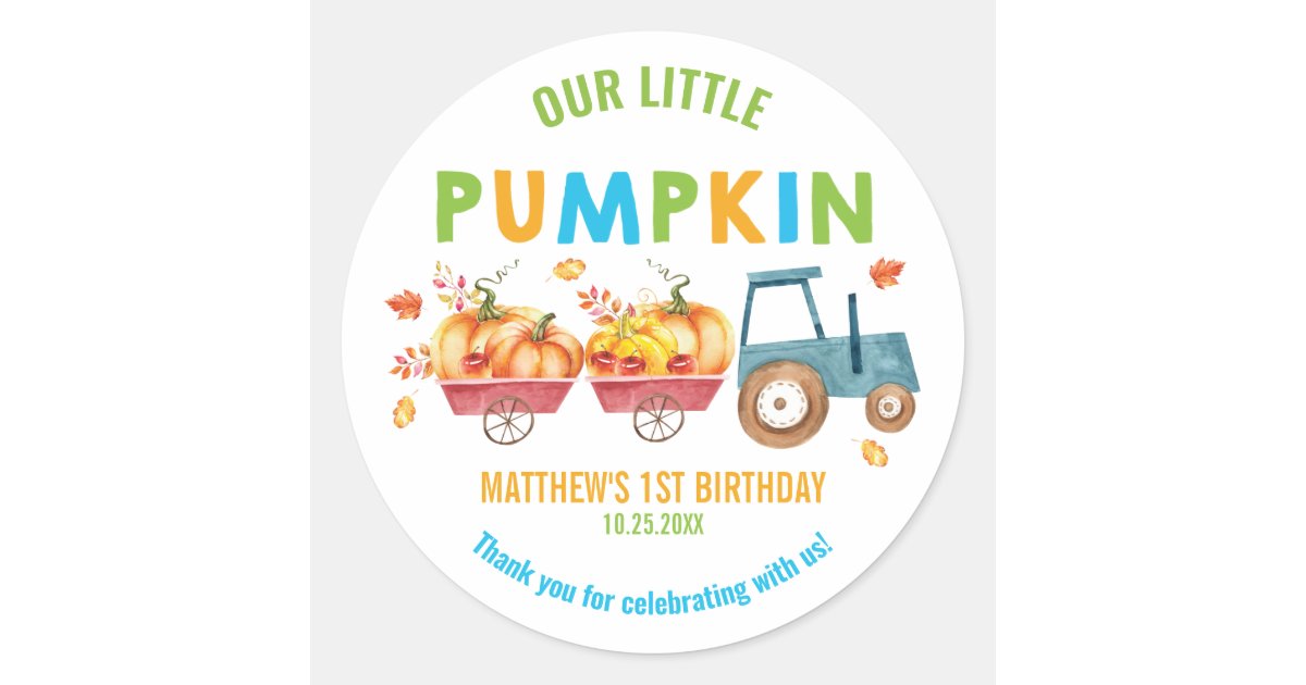 Pumpkin 1st Birthday Harvest Truck Favor Thank You Classic Round ...