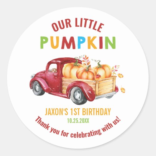 Pumpkin 1st Birthday Harvest Truck Favor Thank You Classic Round Sticker