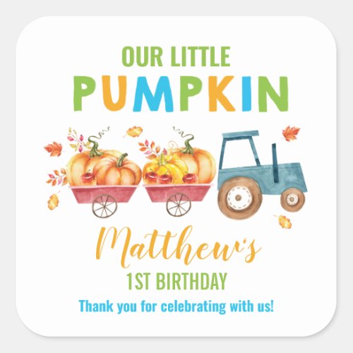 Pumpkin 1st Birthday Harvest Truck Favor Thank You Square Sticker