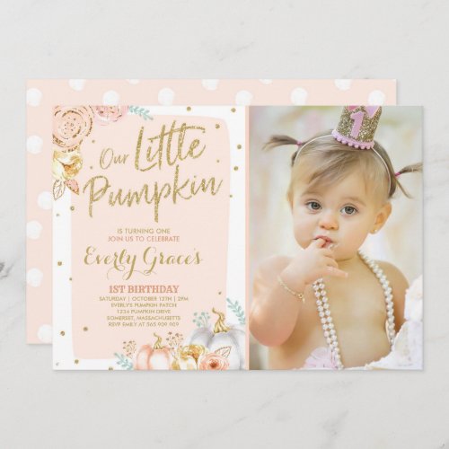 Pumpkin 1st Birthday Invitation Blush Pink Gold