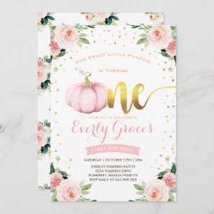 Pumpkin 1st Birthday Invitation Blush Pink Gold
