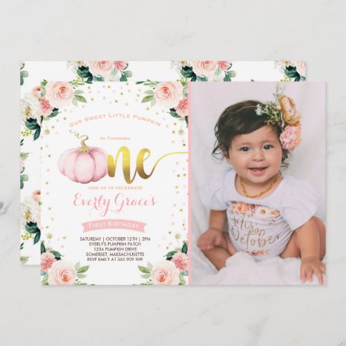 Pumpkin 1st Birthday Invitation Blush Pink Gold