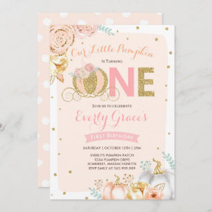 Pumpkin 1st Birthday Invitation Blush Pink Gold
