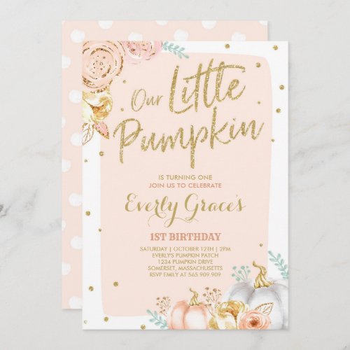Pumpkin 1st Birthday Invitation Blush Pink Gold